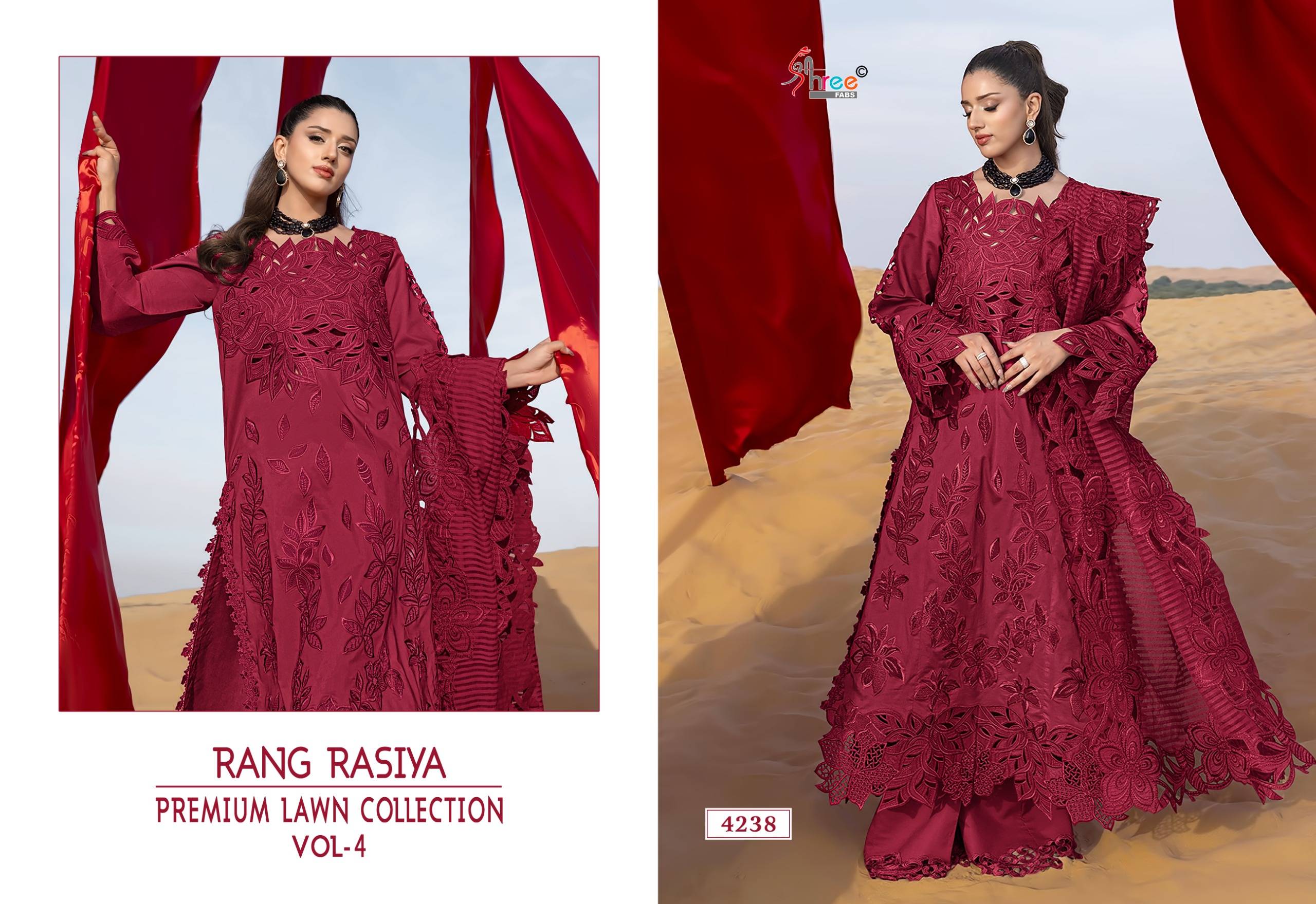RANG RASIYA PREMIUM LAWN COLLECTION VOL-04 BY Shree fabs 4233 TO 4238 SERIES Pakistani Stylish Embroidered COTTON LAWN Dresses At Wholesale Price